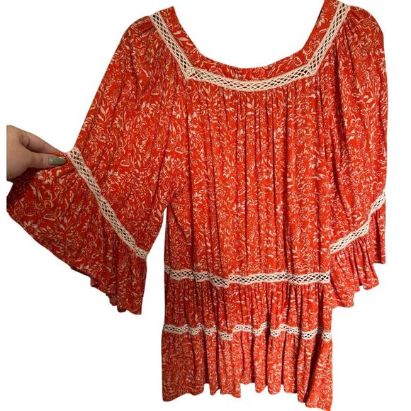 Free People Talk About It Tunic Top Bell Sleeves Orange Floral Size Medium - Picture 8 of 12